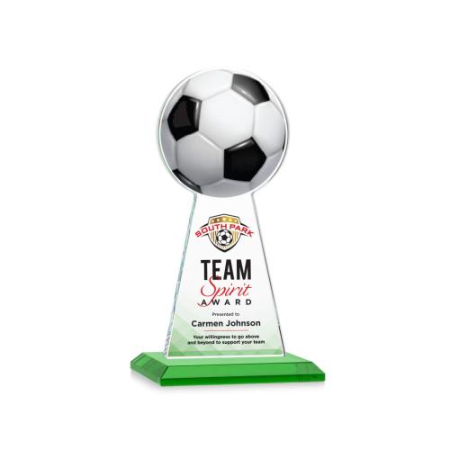 Corporate Awards - Crystal Awards - Crystal Pillar Awards - Edenwood Soccer Full Color Green Obelisk Crystal Award