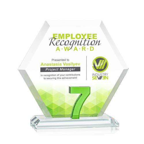 Corporate Awards - Crystal Awards - Colored Crystal - Riviera Milestone Full Color Green Number Crystal Award