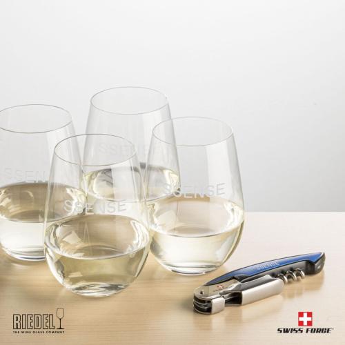 Corporate Recognition Gifts - Etched Barware - Swiss Force® Opener & 2 RIEDEL Stemless