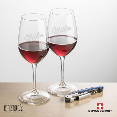 Corporate Recognition Gifts - Etched Barware - Swiss Force® Opener & 2 RIEDEL Oenologue Wine