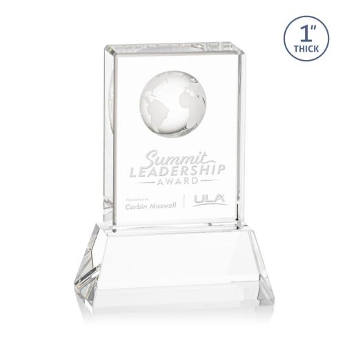 Corporate Awards - Sales Awards - Ambassador Globe Clear on Base Rectangle Crystal Award