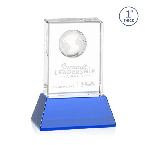 Corporate Awards - Sales Awards - Ambassador Globe Sky Blue on Base Rectangle Crystal Award