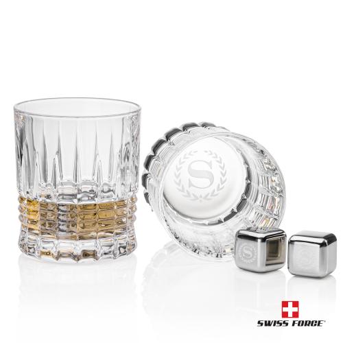 Corporate Recognition Gifts - Etched Barware - Swiss Force&reg; S/S Ice Cubes & 2 Princeton OTR