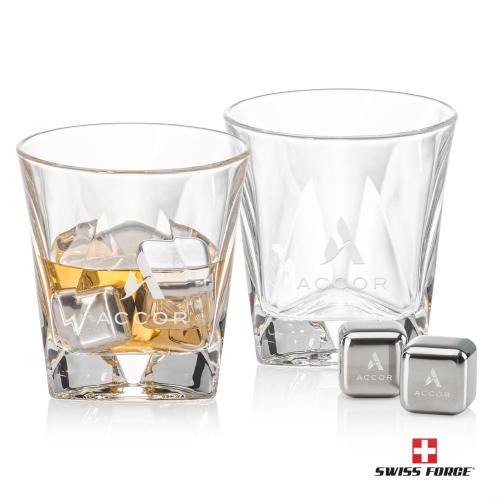 Corporate Recognition Gifts - Etched Barware - Swiss Force&reg; S/S Ice Cubes & 2 Oakhaven OTR