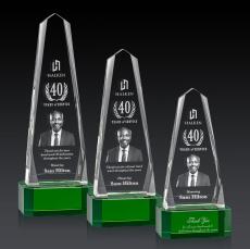 Geneva 3D Green on Base Obelisk Crystal Award - 3D Laser Engraved