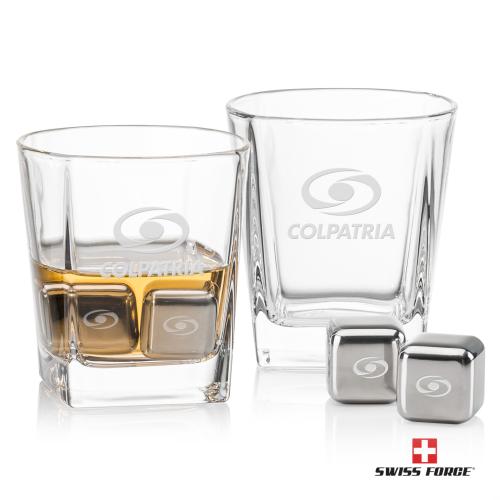 Corporate Recognition Gifts - Etched Barware - Swiss Force&reg; S/S Ice Cubes & 2 Arcadia OTR