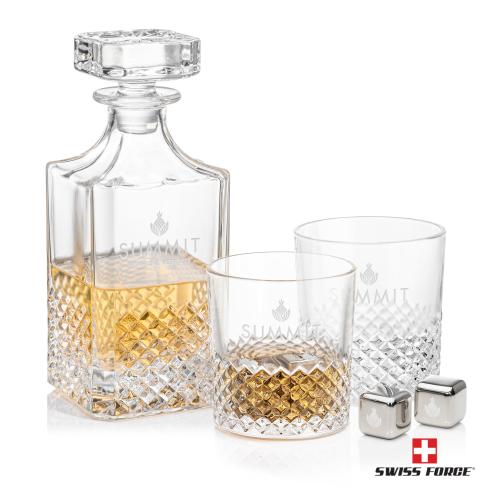 Corporate Recognition Gifts - Etched Barware - Tacoma Decanter Set & Ice Cubes