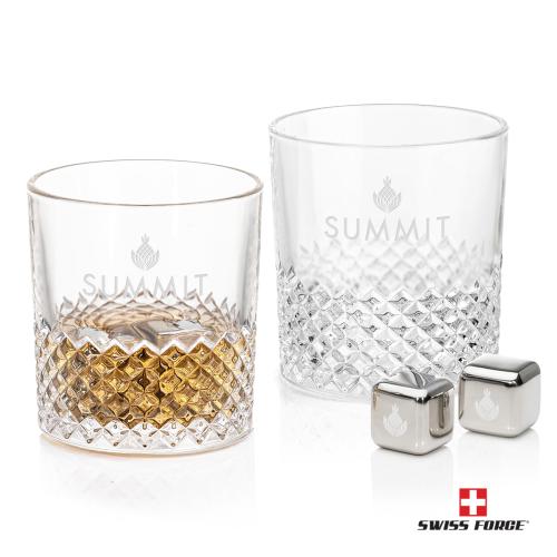 Corporate Recognition Gifts - Etched Barware - Swiss Force&reg; S/S Ice Cubes & 2 Tacoma OTR