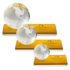Globe Amber on Rectangle Base Spheres Crystal Award - Crystal Paperweights