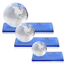 Globe Sky Blue on Rectangle Base Spheres Crystal Award - Crystal Paperweights