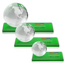 Globe Full Color Green on Rectangle Base Spheres Crystal Award - Crystal Globe Awards 