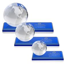 Globe Full Color Blue on Rectangle Base Spheres Crystal Award - Crystal Globe Awards 