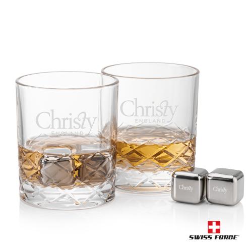 Corporate Recognition Gifts - Etched Barware - Swiss Force&reg; S/S Ice Cubes & 2 Durham OTR