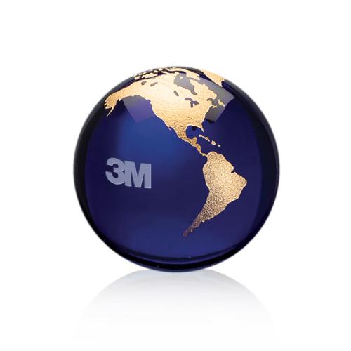 Corporate Awards - Crystal Awards - Crystal Paperweights - Globe Paperweight - Blue