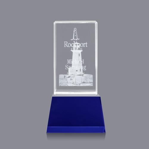 Corporate Awards - Crystal Awards - Colored Crystal - Robson 3D Blue on Base Obelisk Crystal Award