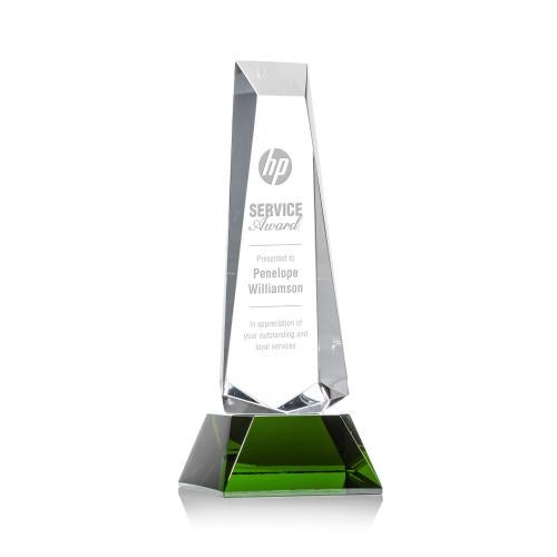 Corporate Awards - Crystal Awards - Colored Crystal - Rustern Green  on Base Obelisk Crystal Award