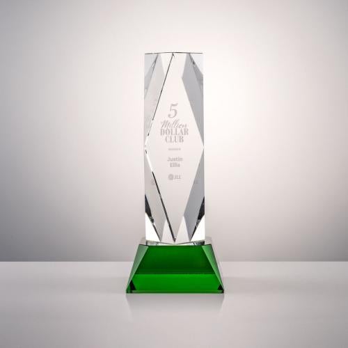 Corporate Awards - Crystal Awards - Colored Crystal - Diamond Shaped Crystal Trophy Award on Green Base