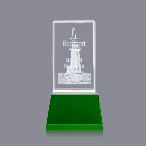 Corporate Awards - Crystal Awards - Colored Crystal - Robson 3D Green on Base Obelisk Crystal Award