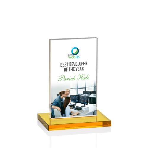 Corporate Awards - Crystal Awards - Colored Crystal - Heathrow Full Color Amber Rectangle Crystal Award