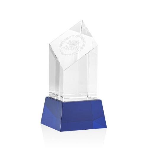 Corporate Awards - Crystal Awards - Colored Crystal - Barone Blue on Base Obelisk Crystal Award