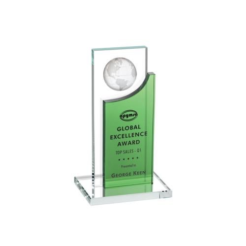 Corporate Awards - Crystal Awards - Colored Crystal - Sherwood Globe Green Rectangle Crystal Award