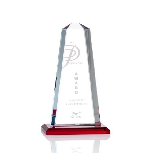 Corporate Awards - Crystal Awards - Colored Crystal - Pinnacle Red Obelisk Crystal Award