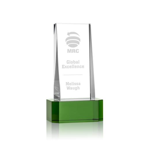 Corporate Awards - Crystal Awards - Colored Crystal - Milnerton Green on Base Obelisk Crystal Award