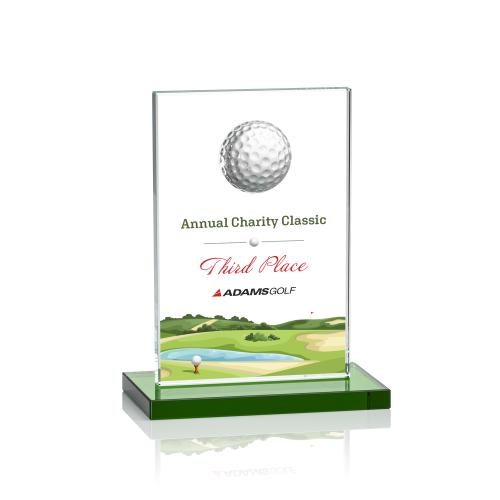 Corporate Awards - Crystal Awards - Colored Crystal - Cumberland Full Color Golf Green  Rectangle Crystal Award