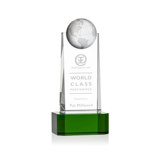 Corporate Awards - Crystal Awards - Colored Crystal - Sherbourne Globe Green  on Base Obelisk Crystal Award