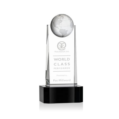Corporate Awards - Crystal Awards - Crystal Pillar Awards - Sherbourne Globe Black on Base Obelisk Crystal Award
