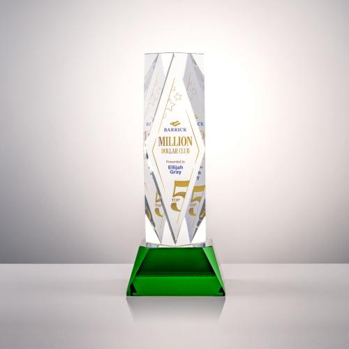 Corporate Awards - Crystal Awards - Colored Crystal - President Full Color Green on Base Obelisk Crystal Award
