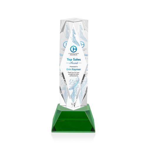 Corporate Awards - Crystal Awards - Colored Crystal - President Full Color Green on Base Obelisk Crystal Award