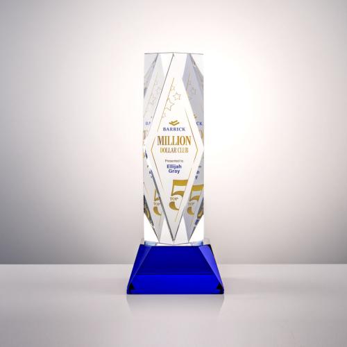 Corporate Awards - Crystal Awards - Colored Crystal - President Full Color Blue on Base Obelisk Crystal Award