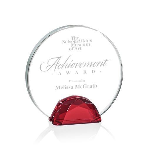 Corporate Awards - Crystal Awards - Colored Crystal - Galveston Red Circle Crystal Award
