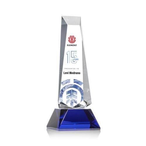 Corporate Awards - Crystal Awards - Colored Crystal - Rustern Full Color Blue on Base Obelisk Crystal Award