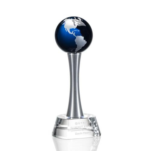 Corporate Awards - Crystal Awards - Colored Crystal - Willshire Globe Blue  Spheres Crystal Award
