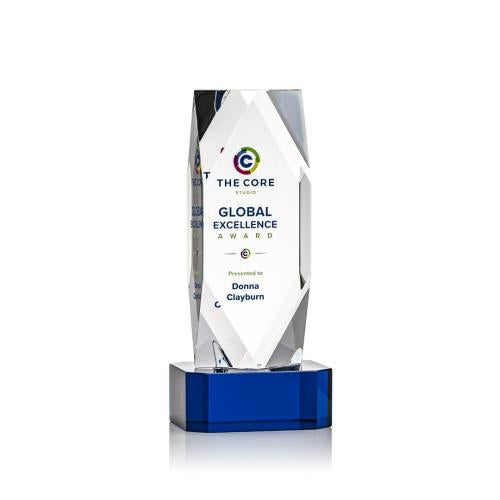 Corporate Awards - Crystal Awards - Crystal Pillar Awards - Delta Full Color Blue on Base Obelisk Crystal Award