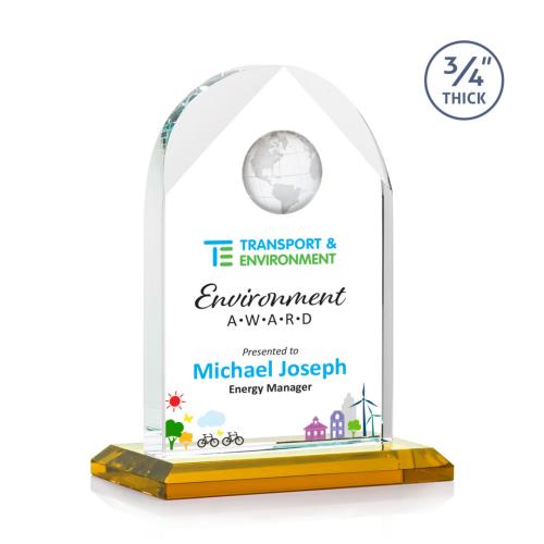 Corporate Awards - Glass Awards - Colored Glass Awards - Blake Globe Full Color Amber Arch & Crescent Crystal Award