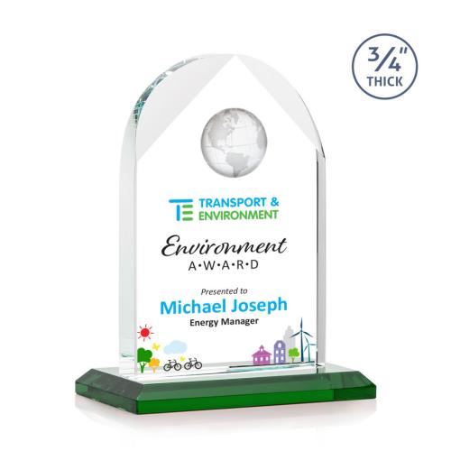 Corporate Awards - Glass Awards - Colored Glass Awards - Blake Globe Full Color Green Arch & Crescent Crystal Award