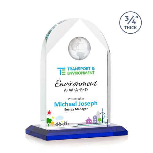 Corporate Awards - Glass Awards - Colored Glass Awards - Blake Globe Full Color Blue Arch & Crescent Crystal Award