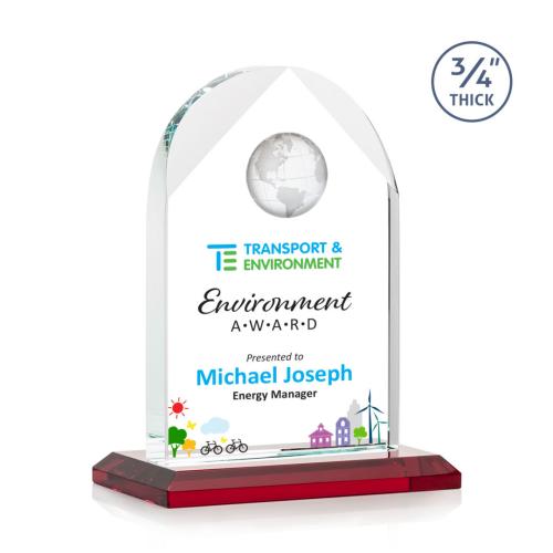 Corporate Awards - Crystal Awards - Colored Crystal - Red Crystal Awards - Blake Globe Full Color Red Arch & Crescent Crystal Award