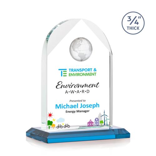 Corporate Awards - Sales Awards - Blake Globe Full Color Sky Blue Arch & Crescent Crystal Award
