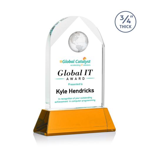 Corporate Awards - Glass Awards - Colored Glass Awards - Blake Globe Full Color Amber on Newhaven Arch & Crescent Crystal Award