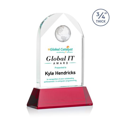 Corporate Awards - Crystal Awards - Colored Crystal - Red Crystal Awards - Blake Globe Full Color Red on Newhaven Arch & Crescent Crystal Award