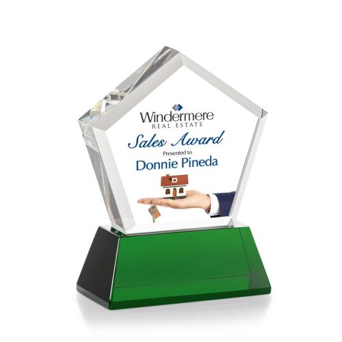 Corporate Awards - Glass Awards - Colored Glass Awards - Genosee Full Color Green on Base Crystal Award