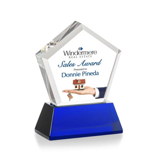 Corporate Awards - Glass Awards - Colored Glass Awards - Genosee Full Color Blue on Base Crystal Award