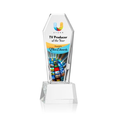 Corporate Awards - Crystal Awards - Crystal Pillar Awards - Romford Full Color Clear on Base Obelisk Crystal Award