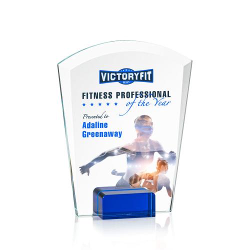 Corporate Awards - Glass Awards - Colored Glass Awards - Lola Full Color Blue Arch & Crescent Crystal Award
