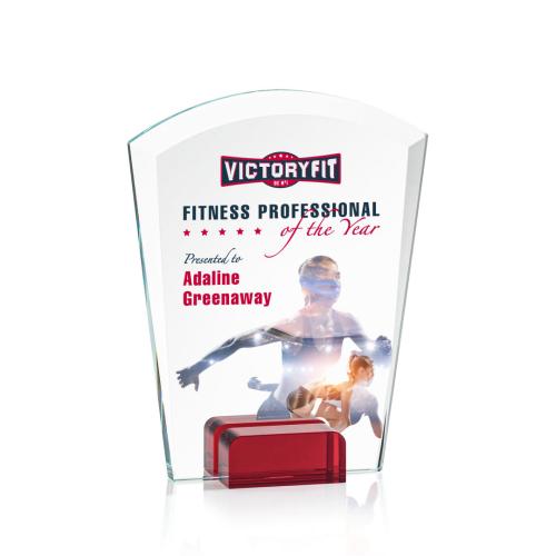 Corporate Awards - Crystal Awards - Colored Crystal - Red Crystal Awards - Lola Full Color Red Arch & Crescent Crystal Award