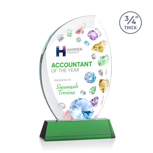 Corporate Awards - Crystal Awards - Crystal Flame Awards - Wichita Full Color Green on Newhaven Base Flame Crystal Award